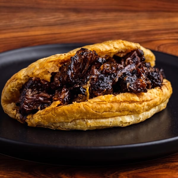 Savory pastry filled with dark, rich braised meat or mushrooms on a black plate.