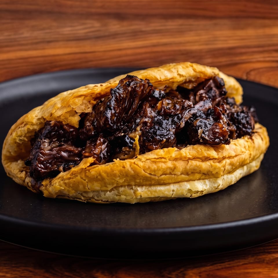 Savory pastry filled with dark, rich braised meat or mushrooms on a black plate.