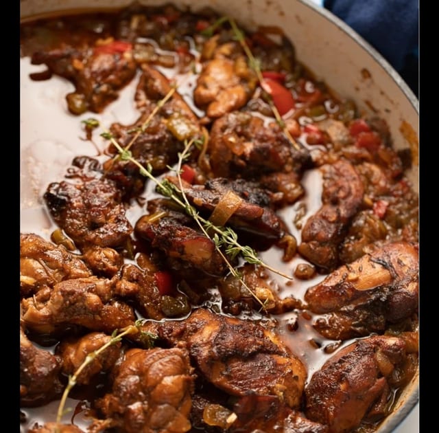 Brown stew chicken.