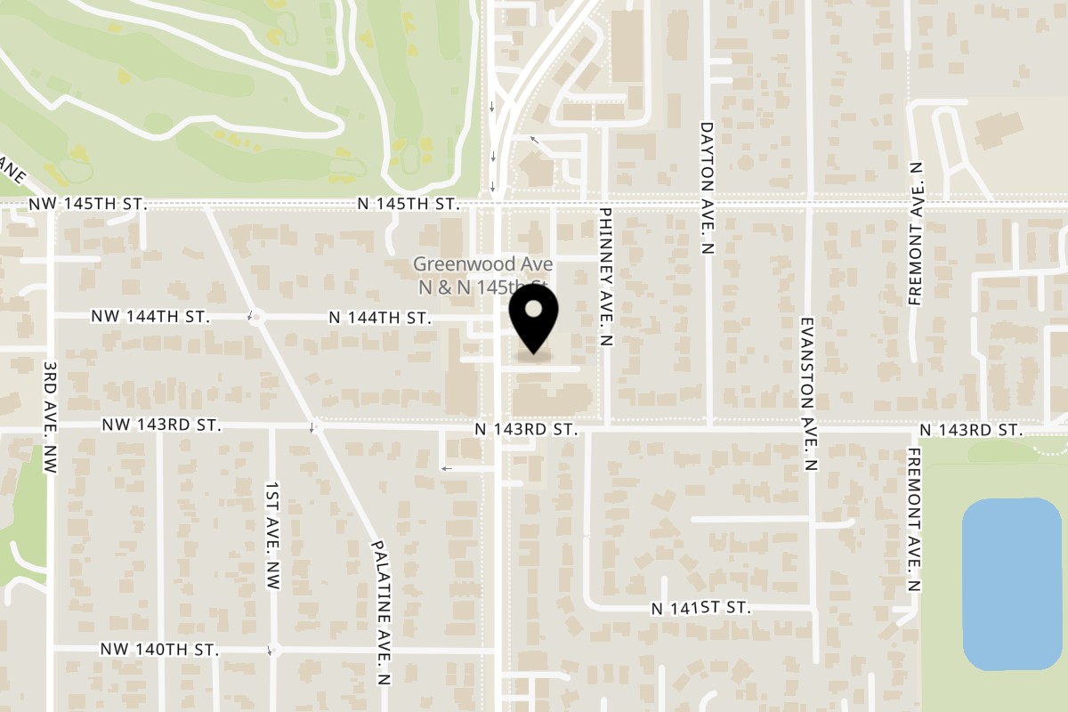 Map showing the location of Oh Jah Jamaican Corner on 14314 Greenwood Ave N in Seattle